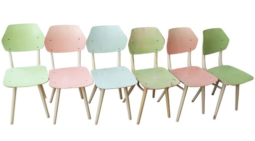 Set di 6 sedie da pranzo TON | Finitura originale color pastello | 1964 – eetkamerstoelen, Wood