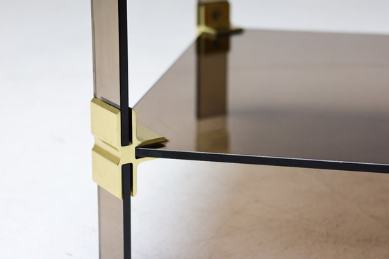 Image 1 of HOLLYWOOD REGENCY BRASS & SMOKED GLASS COFFEE TABLE CHIC TWO TIER END TABLE