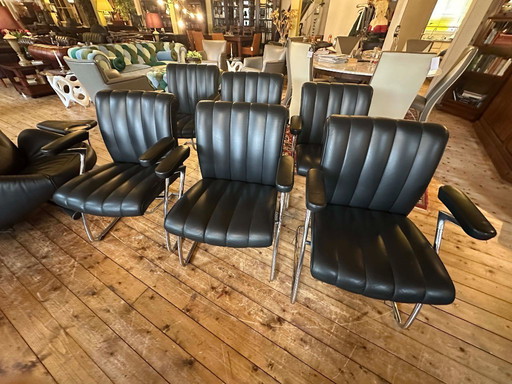 Ensemble de 6 chaises de salle à manger vintage Walter Knoll « Art Collection » – Cuir noir et chrome