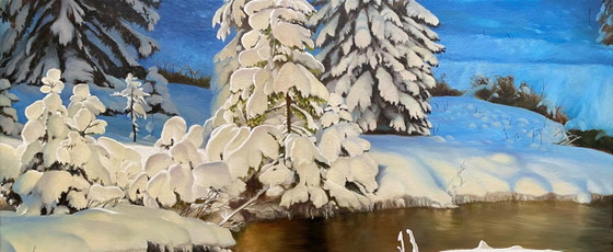 Original Oil Painting Stream Nature Landscape Snow Winter Forest – Paintings & Drawings, Canvas (photo 6 of 7)