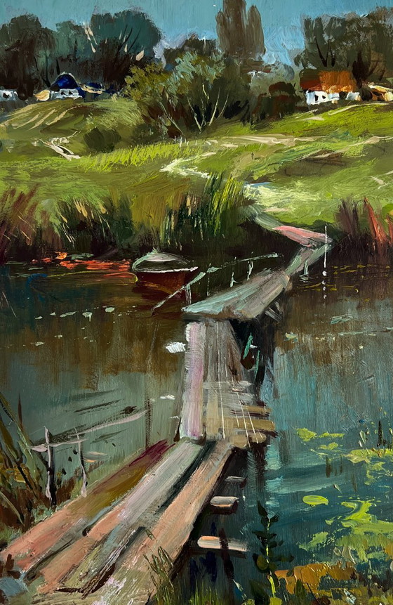 Image 1 of Original Oil Painting Summer River Landscape Bridge to the village