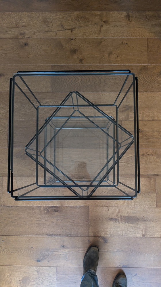 Image 1 of Set di 3 tavoli di design Max Sauze - acciaio nero e vetro, vintage