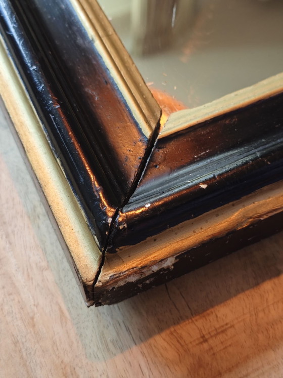 Antique black and gold wall mirror from approx. 1880, Glass, Wood (photo 7 of 15)