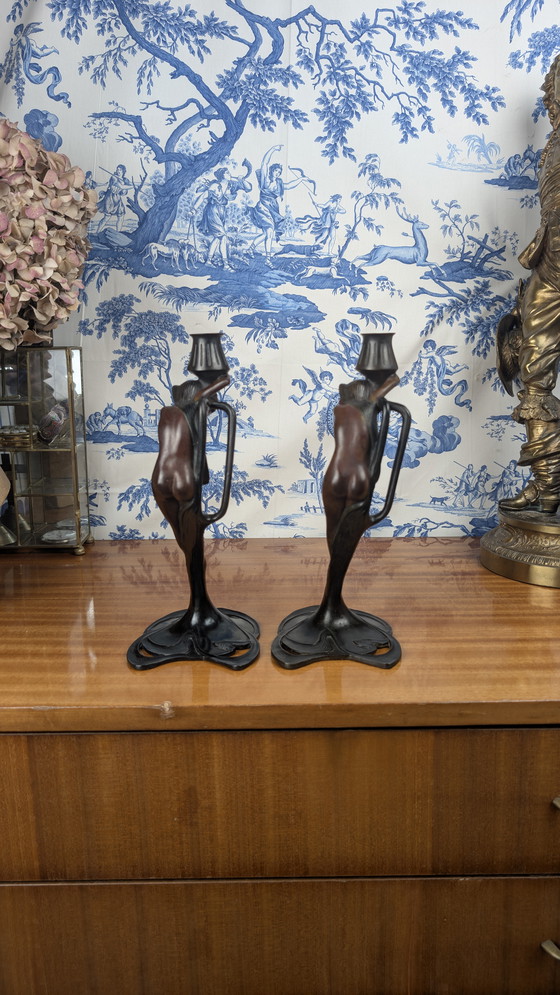 Image 1 of Ein Paar MoMa-Kandelaber aus Bronze mit Nymphen im Jugendstil Vintage 1988