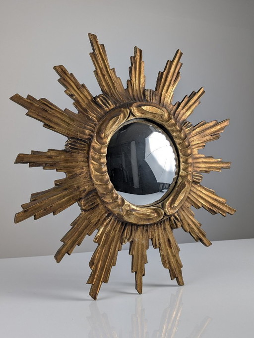 Specchio da parete convesso a raggiera in legno dorato intagliato, anni '50 – spiegels, Glass, Gold