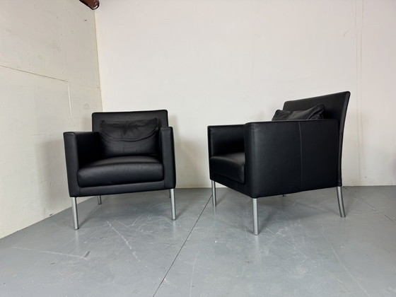 Image 1 of  Modernist German Black Leather and Steel Lounge Chairs from Walter Knoll / Wilhelm Knoll, 2000s, Set of 2
