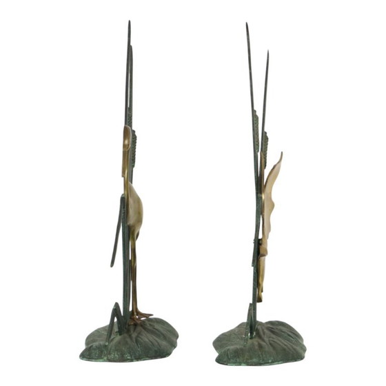 Statuette di metà secolo raffiguranti un airone e un'anatra, in ottone e metallo verde, 35 cm. – Sculture (photo 4 of 13)