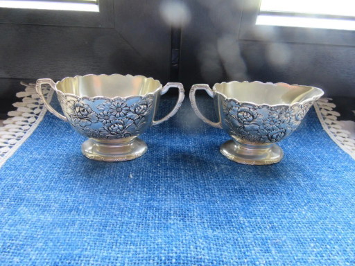 Silver plated Set of milk jug / creamer & sugar bowl, signed TK, vintage