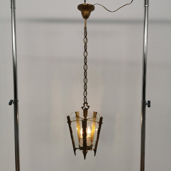 Image 1 of Lampada a lanterna francese in ottone vintage, lampada a sospensione, lampada con catena