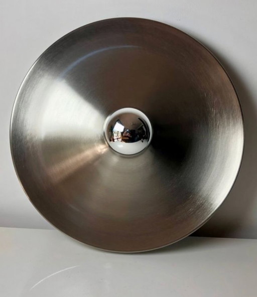 Applique moderniste disque style Charlotte Perriand – OVNI space age argenté - Diamètre 35cm