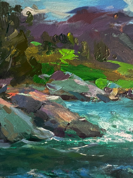 Image 1 of Dipinto ad olio originale. Pesca estiva in un fiume di montagna.