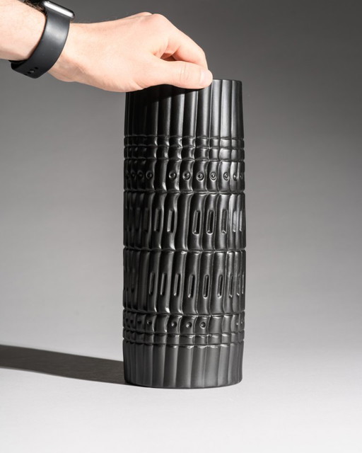 Zeldzame Werner Schreib Bamboo Op-Art Relief Rosenthal Bisque Porcelaine Noire Vaas