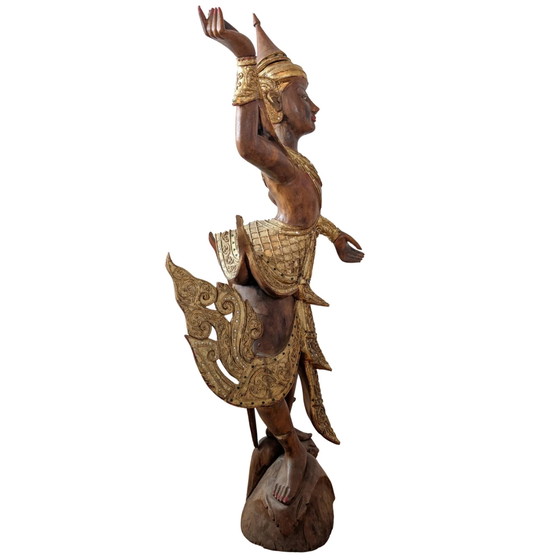 Grande Kinnara birmane sculptée à la main – Bois dur doré et incrustations de verre – 112 cm – Sculptures (photo 3 of 10)