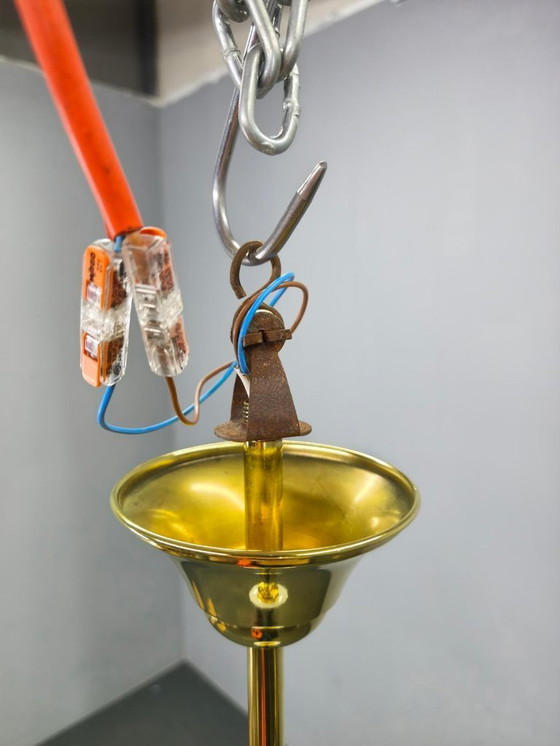 Image 1 of Art Deco Brass Pendant with Geometric Opaline Glass, Czechoslovakia 1930s