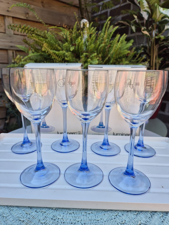 Vintage Luminarc Azur Wine Glasses, Set of 7 – Original Box – Made in France (blue stem) – Glass & Decanter (photo 2 of 12)