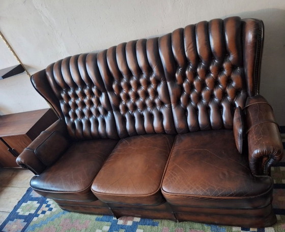 Image 1 of Chesterfield 3-Seater Chestnut Coloured Leather Sofa
