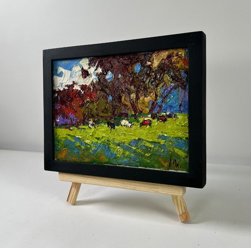 Original Oil Painting Summer Nature Landscape Cows on the meadow