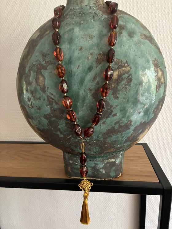Image 1 of Collier neuf avec perles vintage marron et pompon, 59 cm