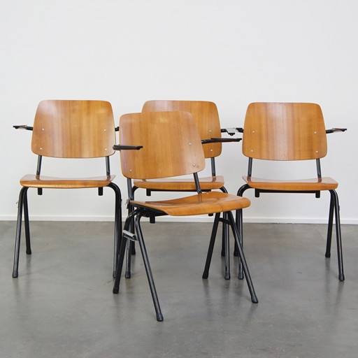 Set Van 4 Vintage Jaren ’60 Dutch Design Marko School/Kantine/Eetkamerstoelen Met Armleuningen