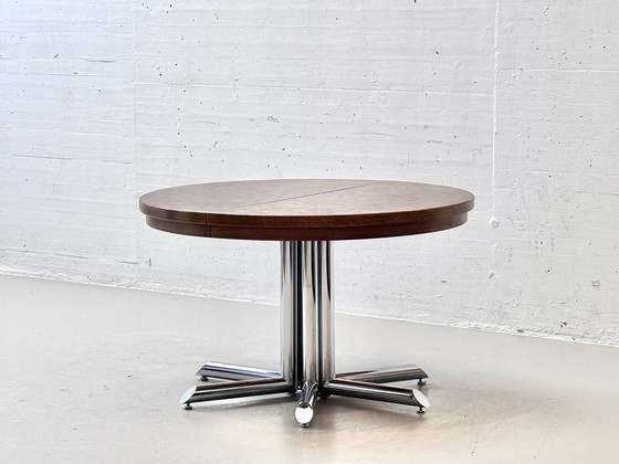 Dieter Wäckerlin Extendable Table – Wood Mosaic & Chrome, Switzerland, 1960s – Dining tables, Vintage (photo 6 of 13)