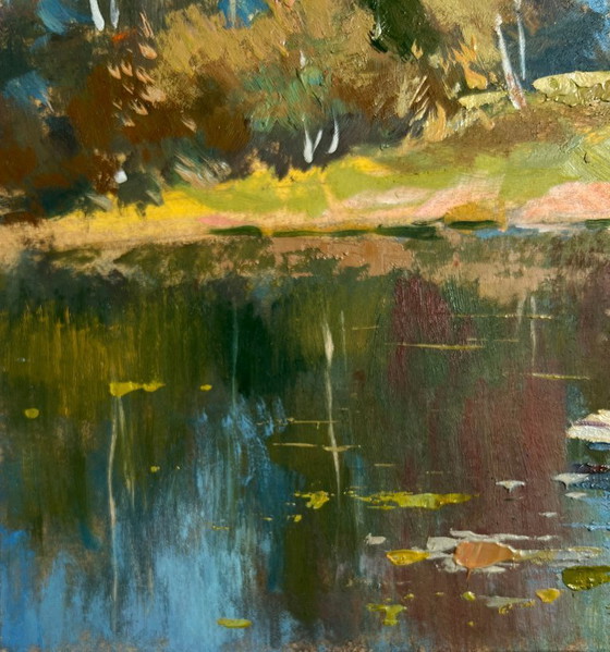Image 1 of Original Oil Painting Autumn Forest Landscape Forest reflection in a pond