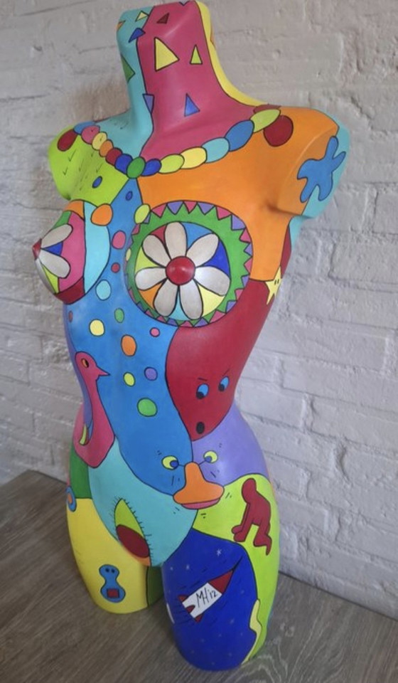 Image 1 of Handgeschilderd vrouwelijk torso in pop-artstijl - gesigneerd "MH i2" - uniek kunstwerk