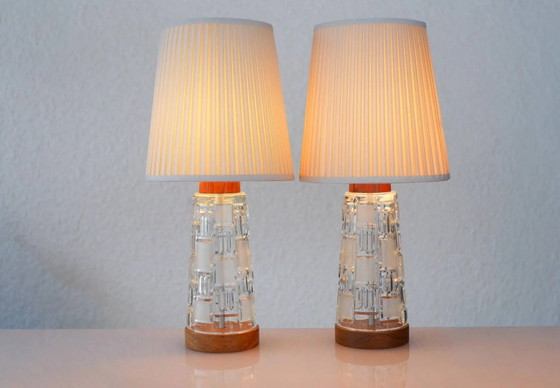 Image 1 of Mid-century modern Scandinavian teak and glass table lamps, set of 2