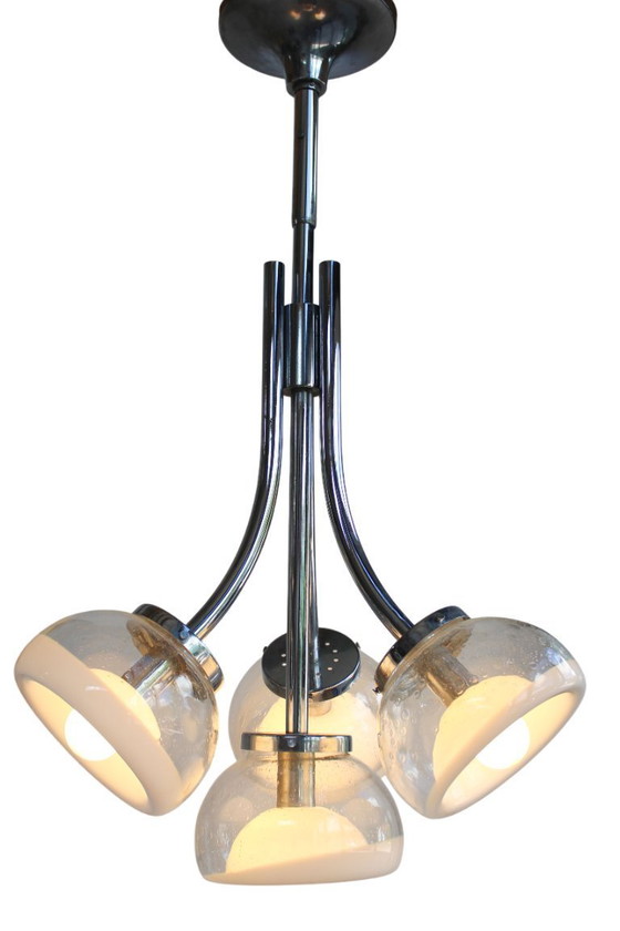 Image 1 of Gaetano Sciolari Attr. Vierarmiger Muranoglas-Chrom-Kronleuchter, 1970er Jahre