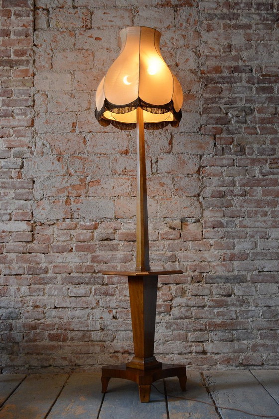 Lampada da terra Art Déco restaurata, noce, nuova elettrificazione, ceca, anni '20, Illuminazione, Tessile (foto 8 di 10)