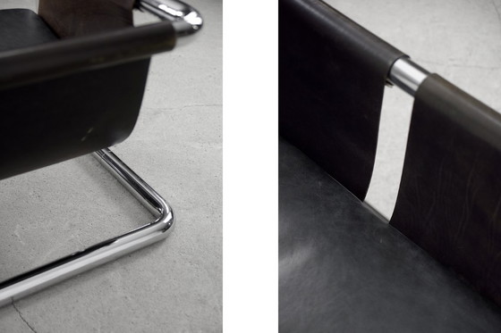 Image 1 of Vintage Brutalistische Buisvormige Metalen en Lederen Bauhaus Minimalistische Sofa 1950