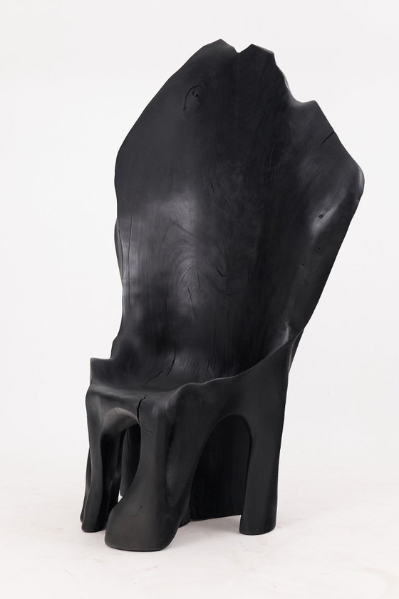 Image 1 of Fauteuil trône en bois noir carbonisé aux formes organiques par Logniture