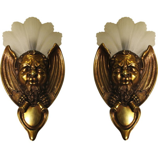 Pair of vintage Art deco bronze and glass wall lamps
