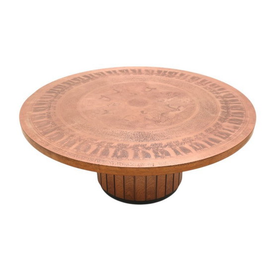 Image 1 of Round vintage Brutalist coffee table from VAD Trævarefabrik with copper top