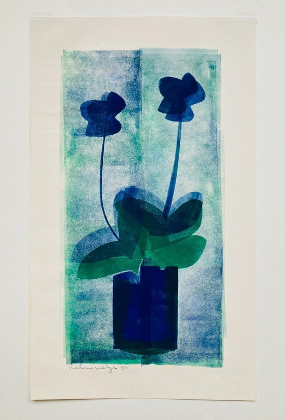 Image 1 of Linogravure vintage - Fleurs abstraites - Années 1980