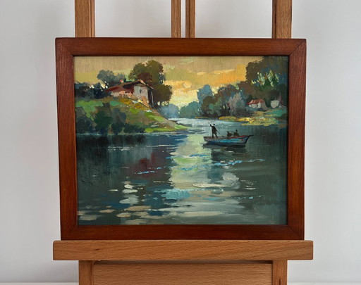 Original Oil Painting Evening River Landscape Love and the reflection of the sun