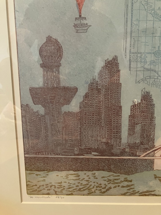 Framed Etching Annemarie Petri - Nijmegen “The Crossing” – Art, Glass, Paper (photo 5 of 9)