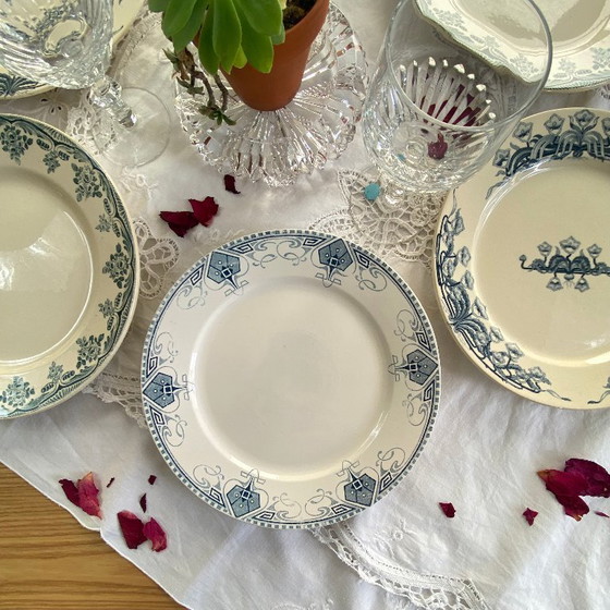 Image 1 of Set of 6 mismatched ironstone dinner plates, antique Sarreguemines earthenware, Choisy le Roi Boulanger