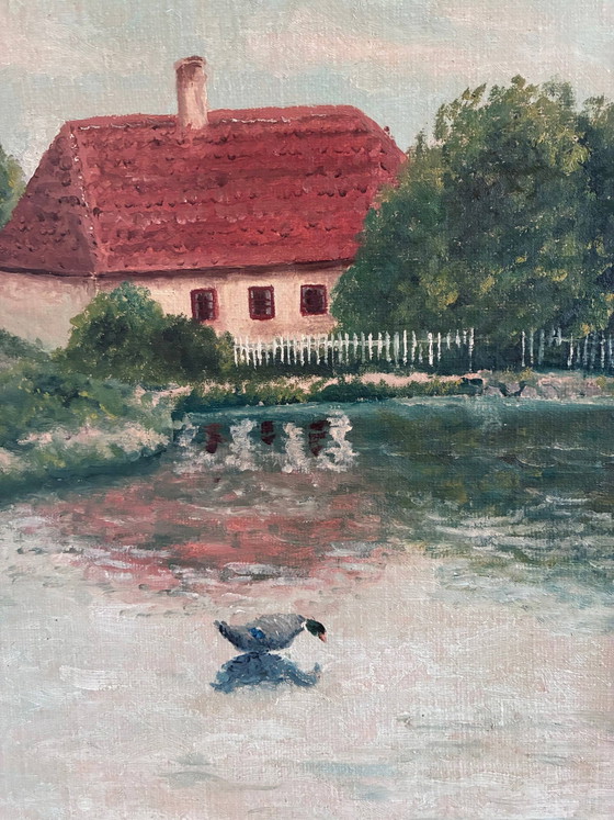 Image 1 of Peinture à l'huile originale vintage représentant un paysage, signée, œuvre d'art de ferme