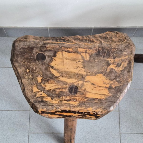 Image 1 of Pair of Vintage Brutalist Tripod Stools 1970s in Oak 70s DLG Marolles