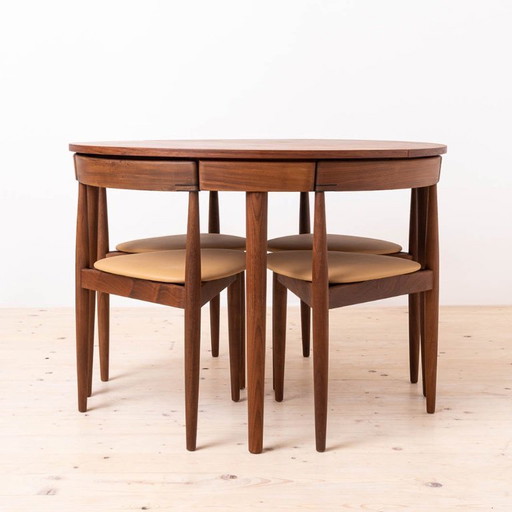 Teakholz-Essgarnitur von Hans Olsen, 4 Stühle, runder Tisch, dänische Moderne, 1950er Jahre