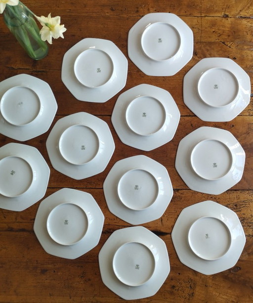 12 platos de postre octogonales de porcelana de Limoges