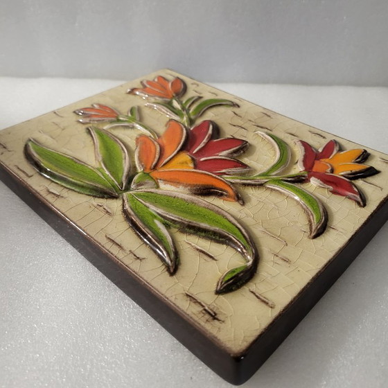 Image 1 of Cadre mural en céramique émaillée, fleurs et relief orange pop,BOITZENBURG, west germany, 1960-70 