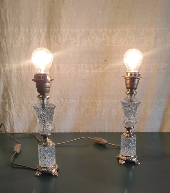 Image 1 of Pieds de lampe à poser en verre et métal doré - mid. XXeme