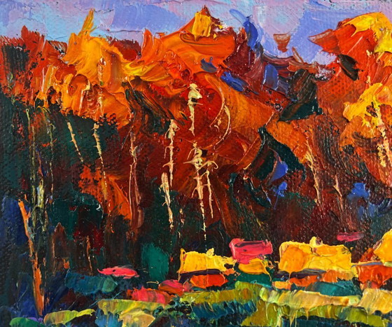 Image 1 of Original Oil Painting Autumn Forest Landscape Fires ignite darkness and silence