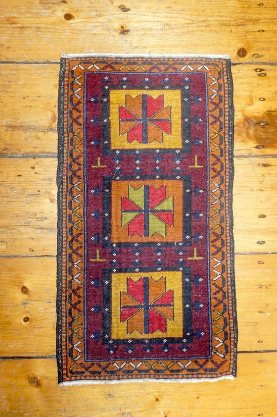 Image 1 of vintage tribal wool rug * afghan baluchi style carpet * geometric nomadic rug * small accent rug boho decor