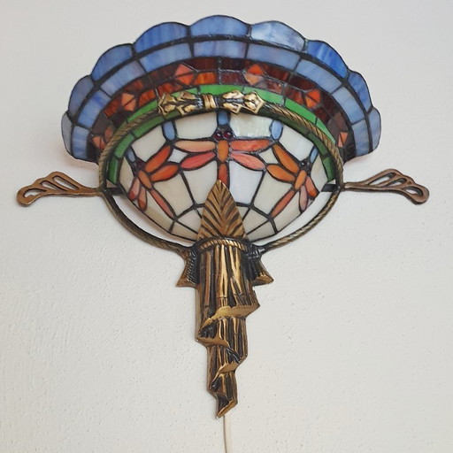 Unique old Tiffany / stained glass wall lamp with Dragonfly's