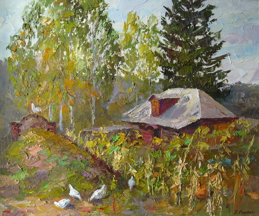 Pintura al Óleo Original Paisaje Rural Casa de Pueblo Girasoles