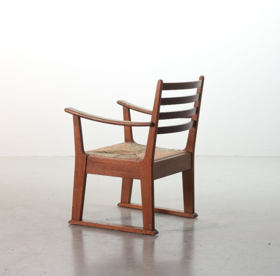 Image 1 of Very Rare Single Bas van Pelt Brutalist Oak Armchair with Woven Rush Seat for My Home. The Netherlands, 1940s.