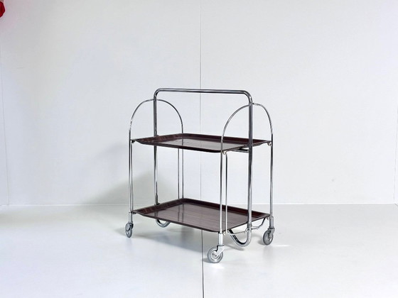 Desserte Bremshey Dinett, pliable, chrome et aspect bois foncé, Mid-Century, Argenté, Vintage (photo 12 sur 15)