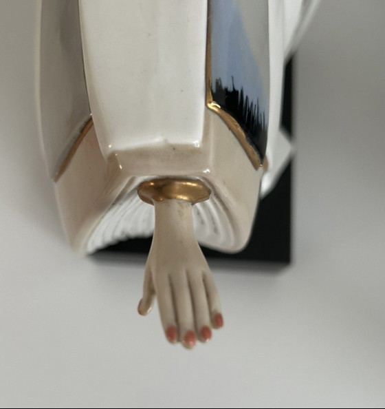 Große Tengra Porzellan Skulptur – Art Deco Tänzerin Irisierender Perlmutt & Gold Fächer 35cm (Perfekter (photo 4 of 7)